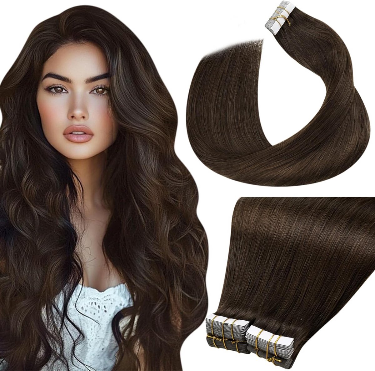 Tape in Haarextensions Echt Menselijk Haar Donkerbruin 45 cm - Onzichtbare bevestiging