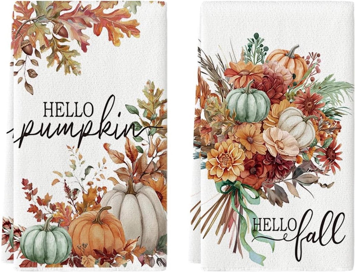 Set van 2 Keukendoeken Herfstdecoratie met Pompoenen en Esdoornbladeren, Sneldrogend