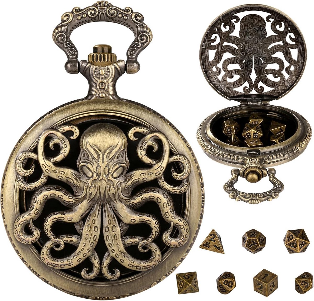 Set van 7 Metalen Polyhedrale Dobbelstenen in Steampunk Zakhorlogekast - Brons