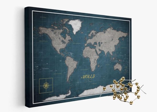Gepersonaliseerde Wereldkaart Prikbord van Kurk - Ingelijst & Handgemaakt - Ideaal als Reisdecoratie met 50 Gouden Pins