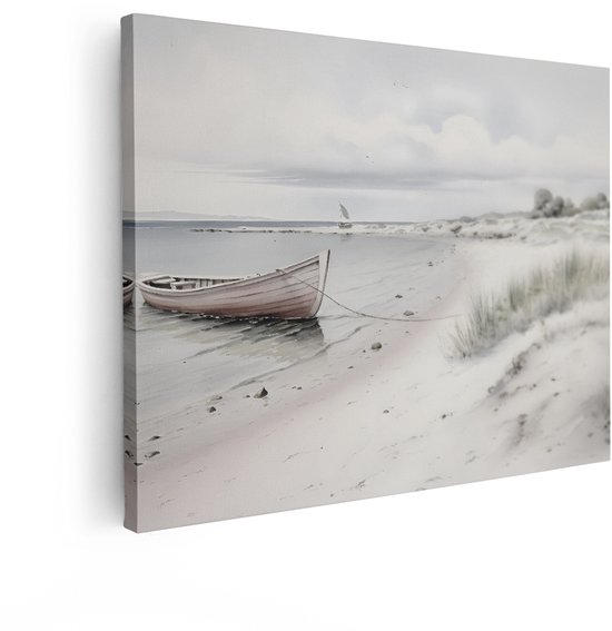 Artaza Canvas Schilderij Een Rustige Boot Ligt Aangemeerd aan een Zandstrand met Duinen en de Zee - 40x30 cm - Klein - Wanddecoratie Woonkamer - Schilderijen - Muurdecoratie