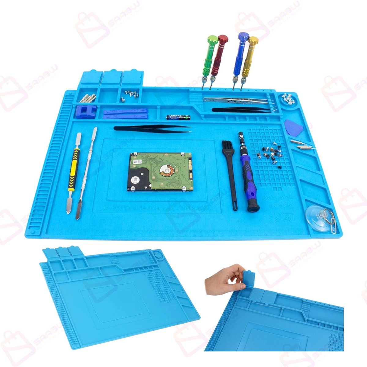 Silicone Soldeermat 45x30 cm – Antistatisch & Hittebestendig – Reparatie Werkmat met Magnetische Vakken – Blauw– Soldering Organizer Pad – Antistatische Werkmat met Schroefvakken – reparatie mat – elektronica werkmat – Hittebestendig –51314