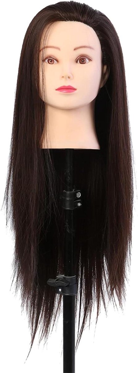 Echt haar Mannequin Hoofd voor Kappers Training - Donkerbruin - Cosmetica Poppenhoofd