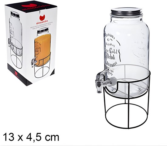 Glazen drankdispenser met tap en zwarte standaard, naast de verpakking.