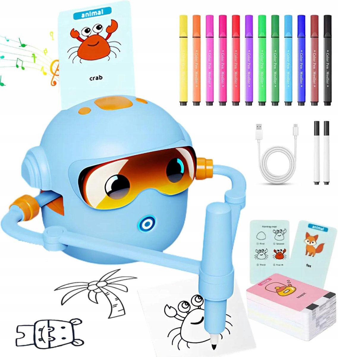 Tekent Robot voor Kinderen 3+ Jaar, Educatief Tekenspel met 100 Kaarten & 14 Pennen, Leer Engels door te Tekenen, Creatief Cadeau voor Jongens en Meisjes,Blauw