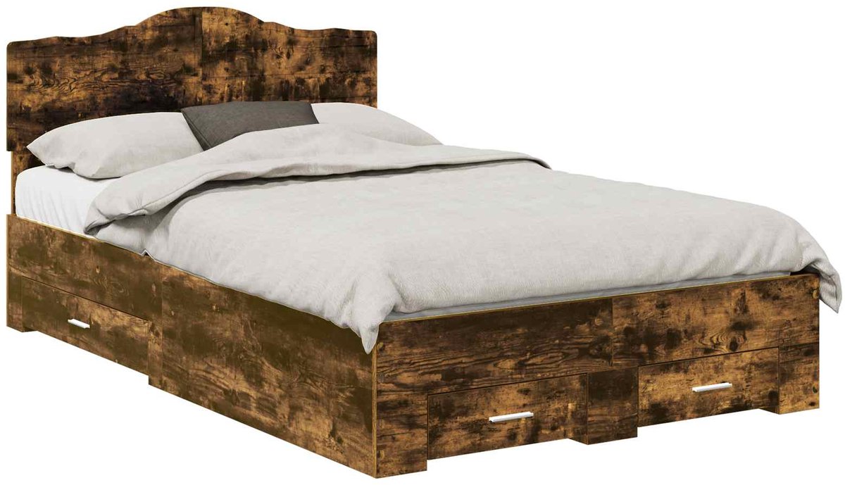 vidaXL - Bedframe - met - hoofdeinde - Rook - Eiken - 120 - x - 200 - cm - Bewerkt - hout
