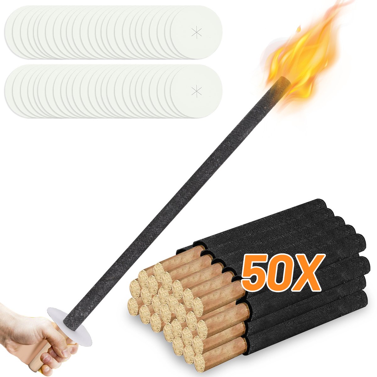 50 Stuks Wasfakkels 42 cm Ø3 cm – Tuinfakkels en Fakkels voor Buiten met Handbescherming en Druipbescherming – Voor Optocht, Avondwandeling en Sint Maarten