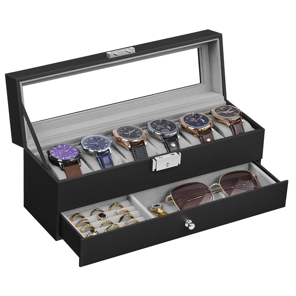 SONGMICS JWB060G01 - Horlogebox met 6 Vakken - Glazen Deksel - 2 Lagen - Uitneembare Kussentjes