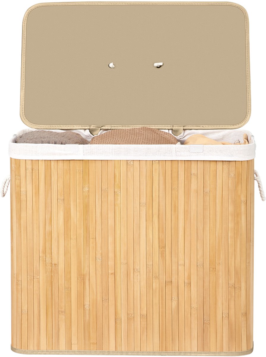 SONGMICS - Wasmand - Wasmand met Deksel - 3 Vakken - Uitneembare en Wasbare Waszak - Bamboe - Voor Wasruimte