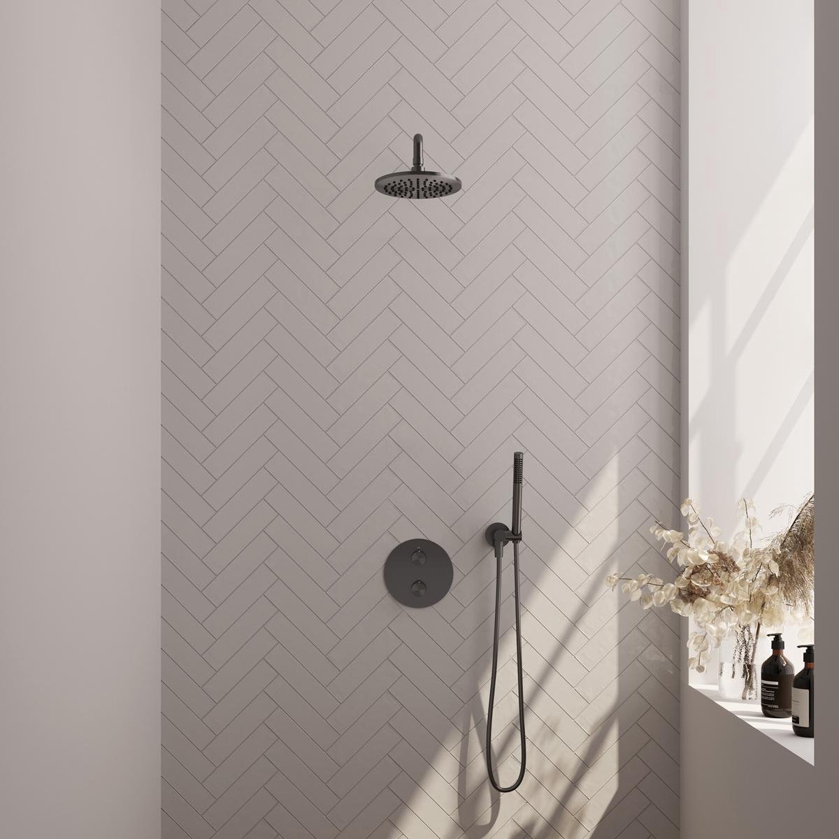 Brauer Gunmetal Carving Thermostatische Regendoucheset Inbouw - Hoofddouche 20 cm - Gebogen Wandarm - 3 Weg - Handdouche Rond - Doucheslang - Wandaansluitbocht - Gunmetal