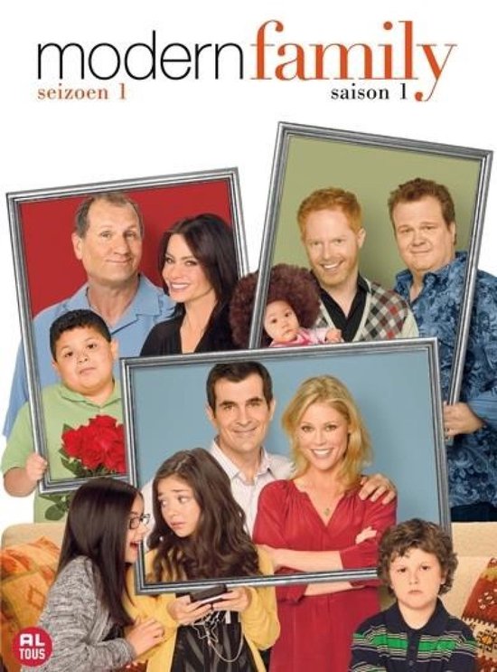 De cast van Modern Family seizoen 1, met de Pritchett-Delgado's, Pritchett-Tucker's en Dunphy's, weergegeven in fotolijsten. "modern family seizoen 1 saison 1" staat bovenaan.
