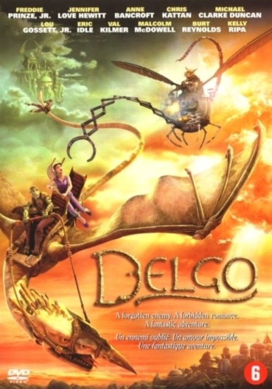 Filmcover met de titel 'Delgo'. Een fantasievolle wereld met vliegende wezens en personages. Met o.a. Freddie Prinze Jr. en Jennifer Love Hewitt.