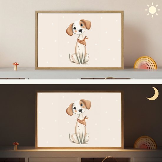 Nachtlampje 60x40 cm - Kinder lamp - Hond - Pup - Beige - Stippen - Tafellamp kinderkamer draadloos - Slaapkamer lampje - Bedlamp kinderen - Kinderlampje - Wandlamp babykamer - Nachtlampjes van OnlyWow — afbeelding 4