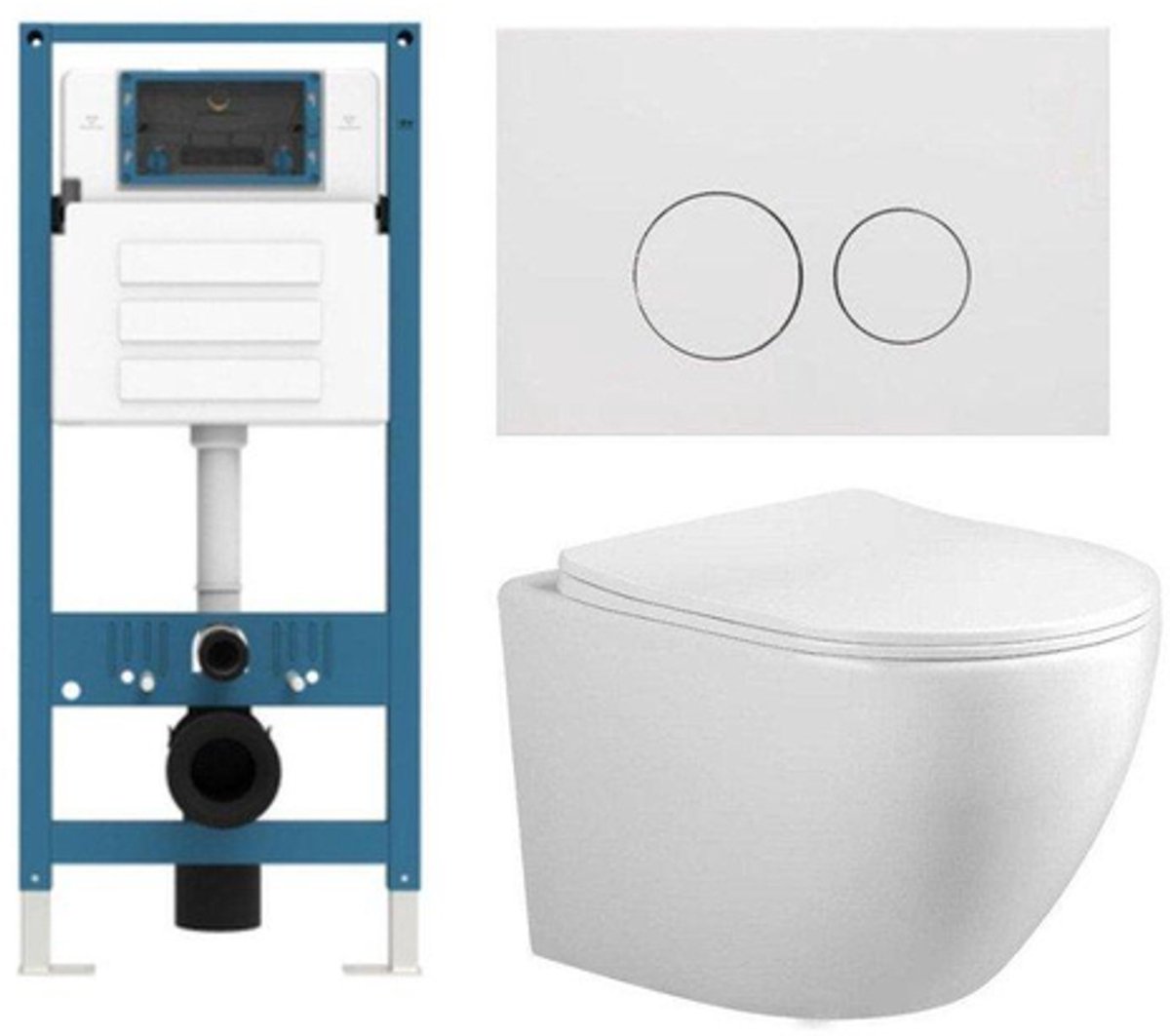 FugaFlow Eccelente Press Toiletset - 48.5x36x32cm - diepspoel - spoelrandloos - inbouwreservoir - softclose - quickrelease - toiletzitting - mat witte metalen bedieningsplaat - ronde knoppen - wit