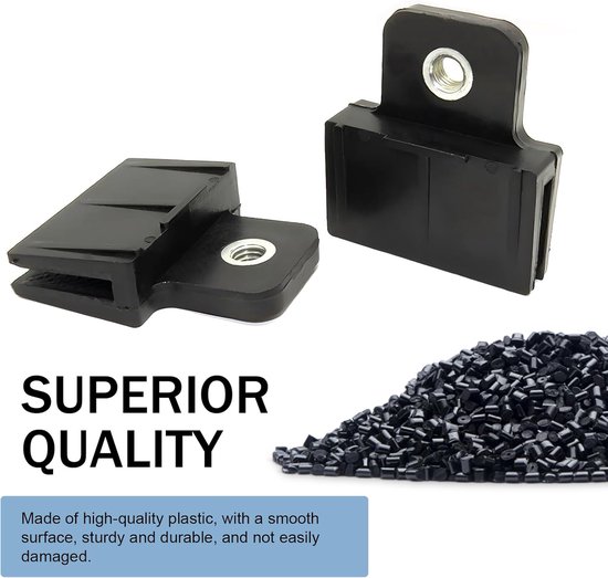 Twee zwarte kunststof clips met schroefdraadgat, met een hoop zwarte kunststof korrels. "SUPERIOR QUALITY".