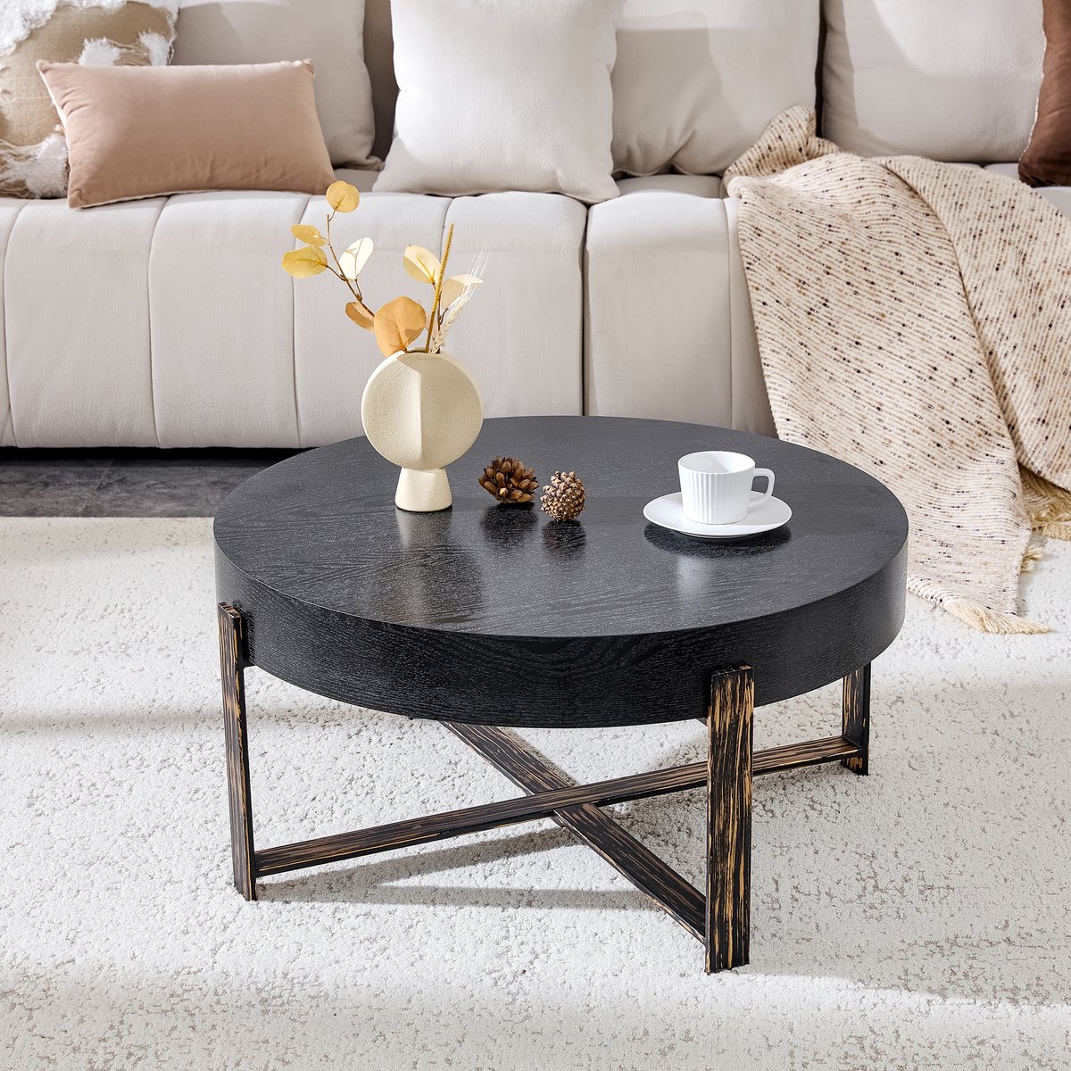 REDOM Ronde Salontafel - Kruisframe - Industriële Stijl - Voor Woonkamer - MDF En Metaal - Zwart - 68 Cm