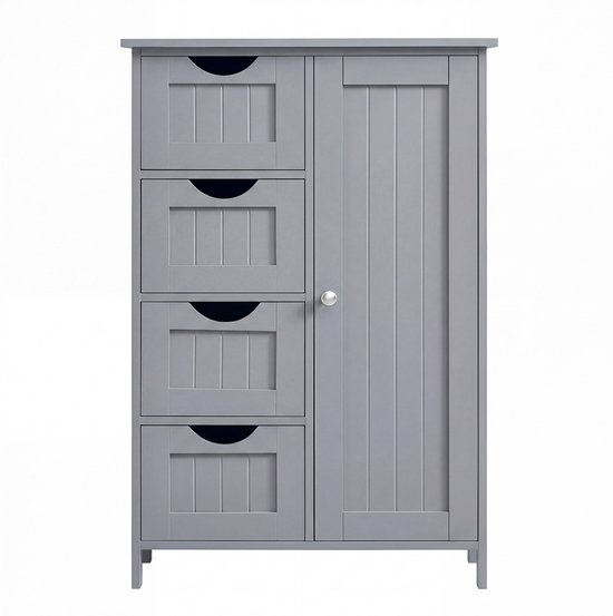 Meuble de salle de bain gris fermé avec quatre tiroirs et une porte, aspect panneau.