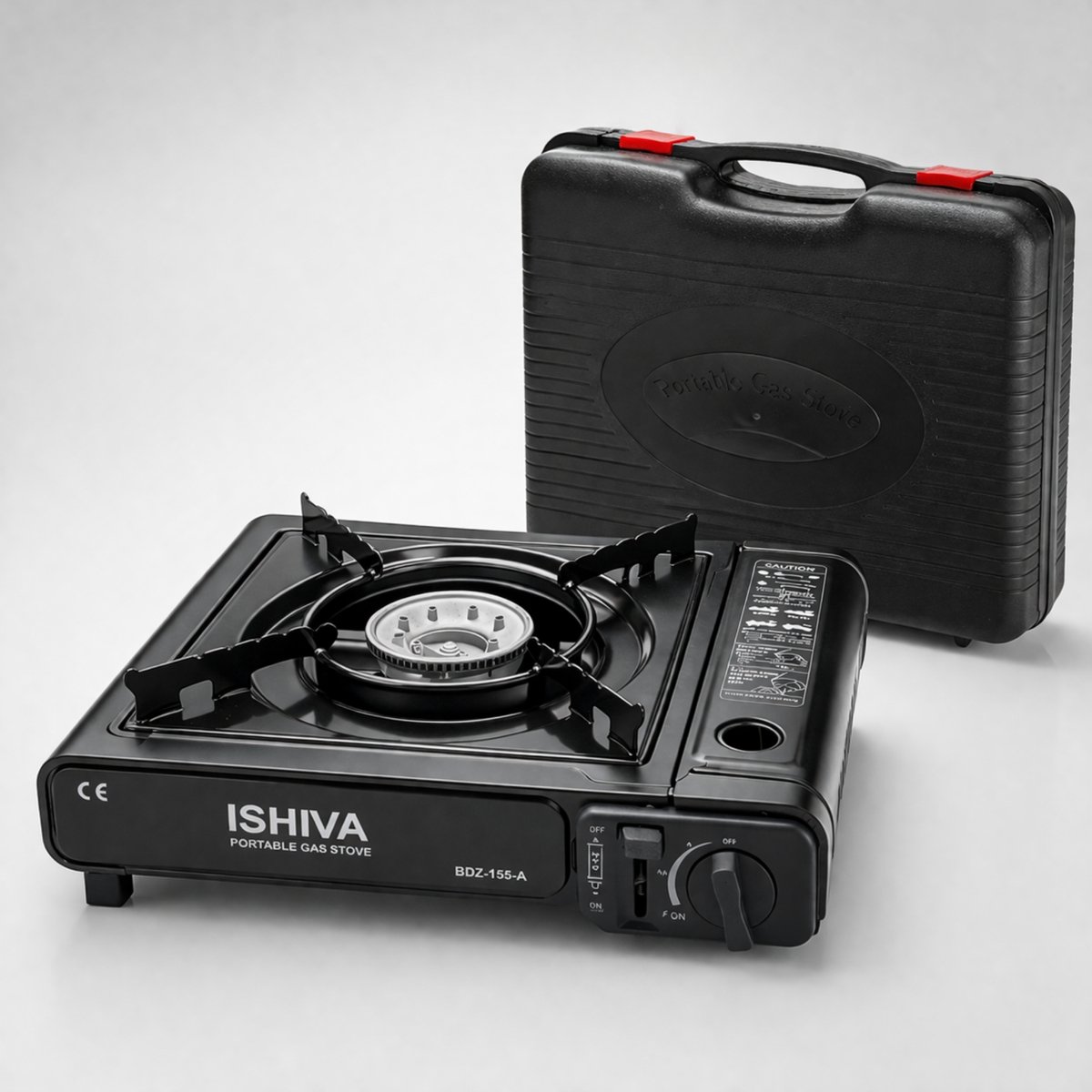 ISHIVA Compact Kookstel voor Noodsituaties – Draagbaar Gasfornuis 2,2 kW – Camping Kooktoestel met Koffer – Geschikt voor MSF-1 Gaspatronen – Outdoor, Noodsituaties & Stroomuitval – Incl. Aluminium Pan