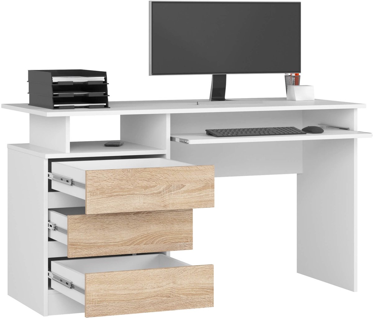 Bureau CLP 135 cm met 3 Laden / Computerbureau / Computer Tafel / Bureautafel / Wit - Sonoma Eik / 135 x 77 x 60 cm