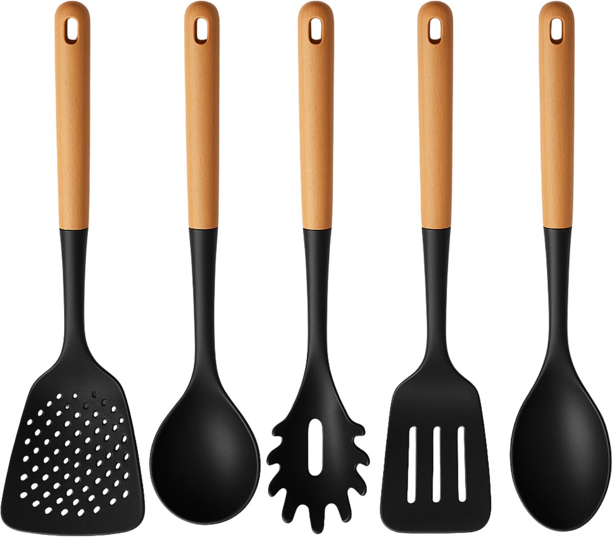 Cookinglife Keukengerei set - Kookgerei set - hout zwart 5 delig - Schuimspaan, soeplepel, spaghettilepel, bakspaan & opscheplepel