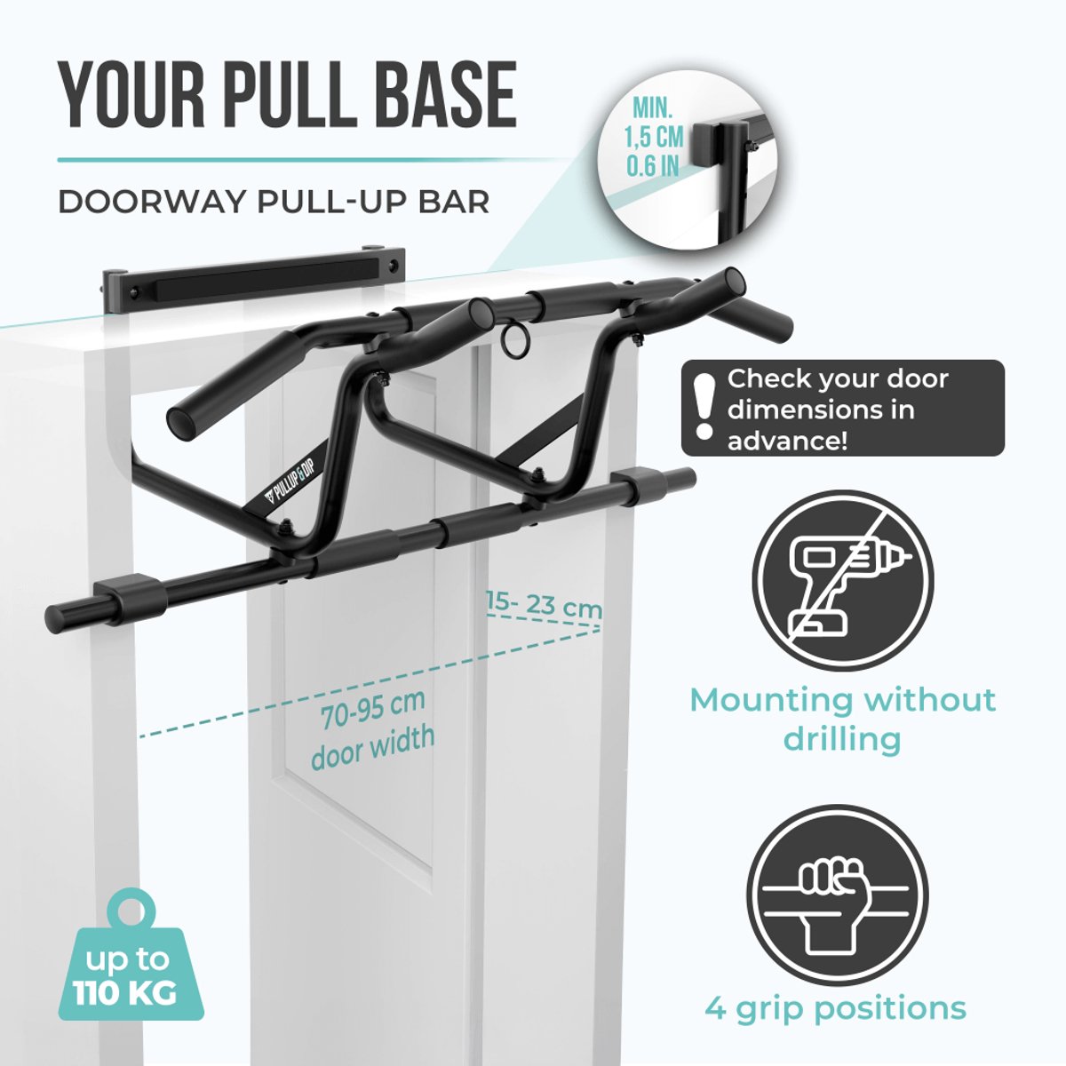 PULLUP & DIP Pro - Dip Module Uitbreiding - Voor Deur-Pull-up Stangen - 4-voudig Verstelbare Breedte - 38mm Gripdiameter thumbnail 6