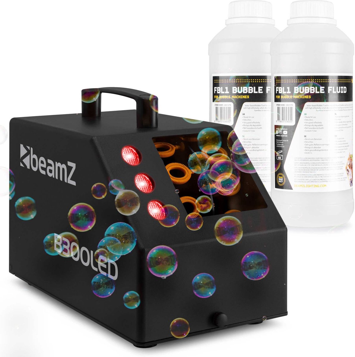 BeamZ B300LED bellenblaasmachine set met 2 liter vloeistof en afstandsbediening - 3 RGB LED’s - zwart
