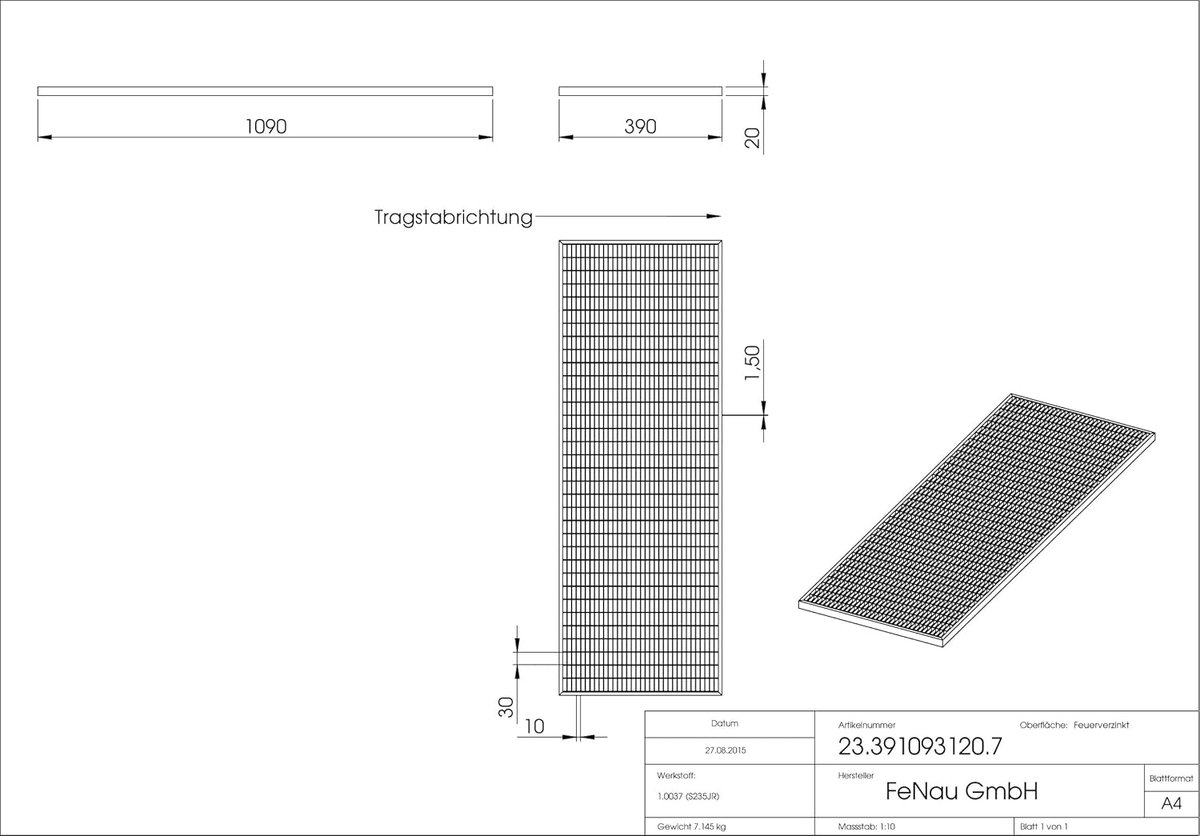 Gegalvaniseerd Rooster - Rooster met rand - Buiten vloer - Roestvrij staal - 390x1090x20 mm