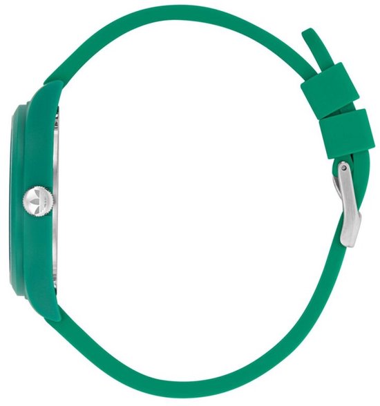 Zijaanzicht van een groen siliconen Adidas horloge met zilverkleurige gesp.