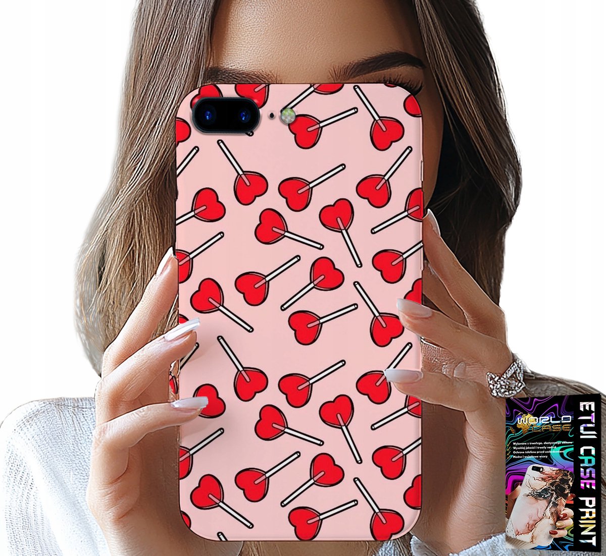 iPhone hoesje (7 Plus) - Vrouwelijk, modieus patroon, lolly's en hartjes
