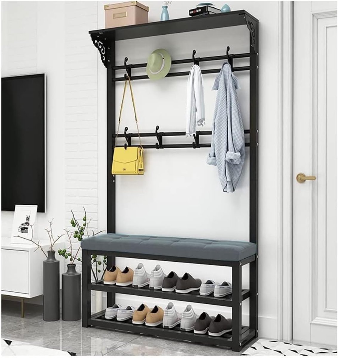 Halmeubel met Kapstok - Entree Meubel - Jassen en Schoenen - 3-in-1 Ontwerp - 80x30x172cm