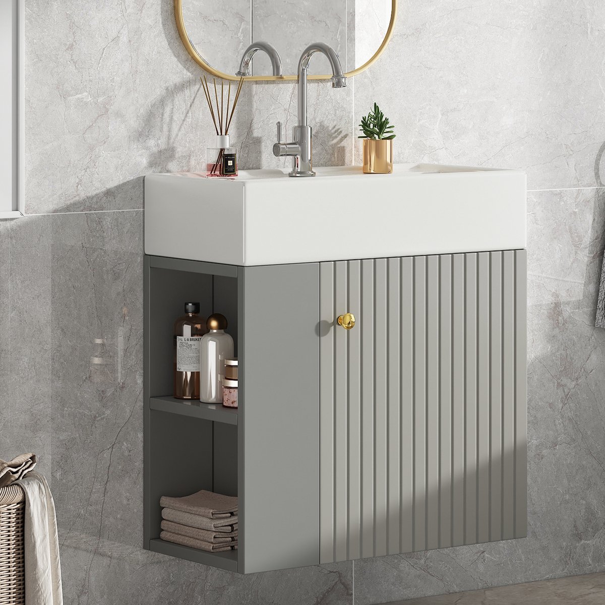 Wishdor - Badkamermeubel Met Wastafel - 3D Front - Compact Voor Kleine Badkamer - Spaanplaat - Grijs Wit