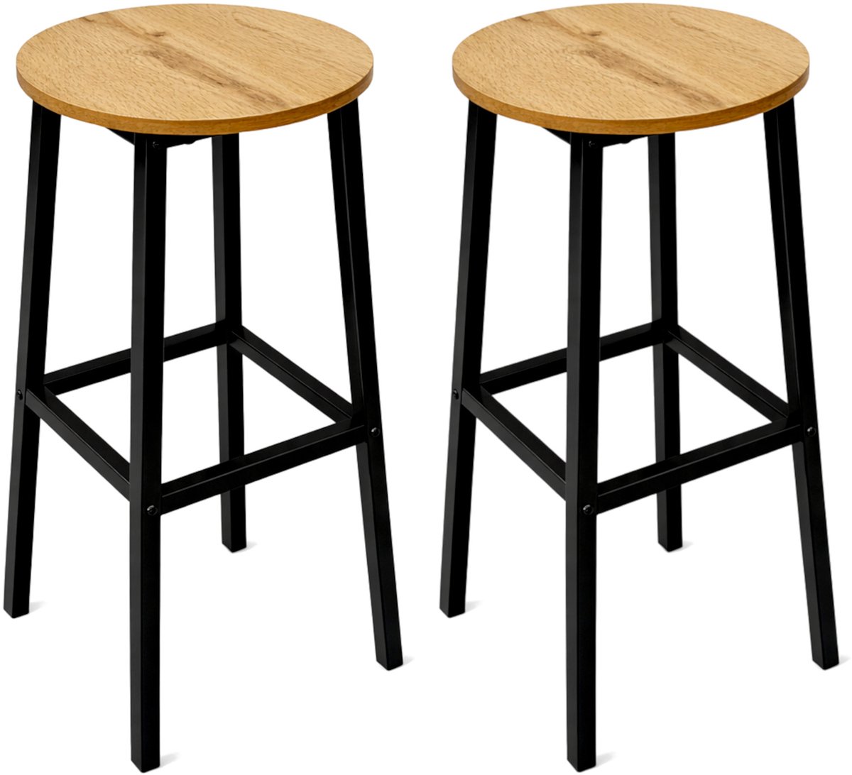 BEGRYF Set van 2 Barkrukken - Eiken - Rond Zitvlak - Met Voetsteun - 32x32x65 cm - Industrieel Design - Houtlook Zitting