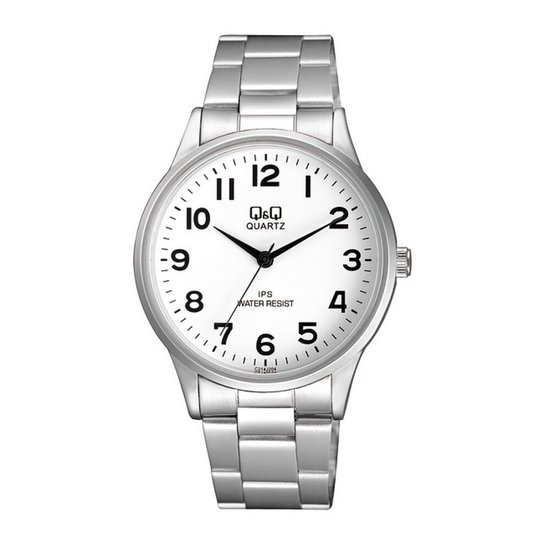 Zilverkleurig herenhorloge met witte wijzerplaat, zwarte cijfers en wijzers. Metalen band. Q&Q Quartz.