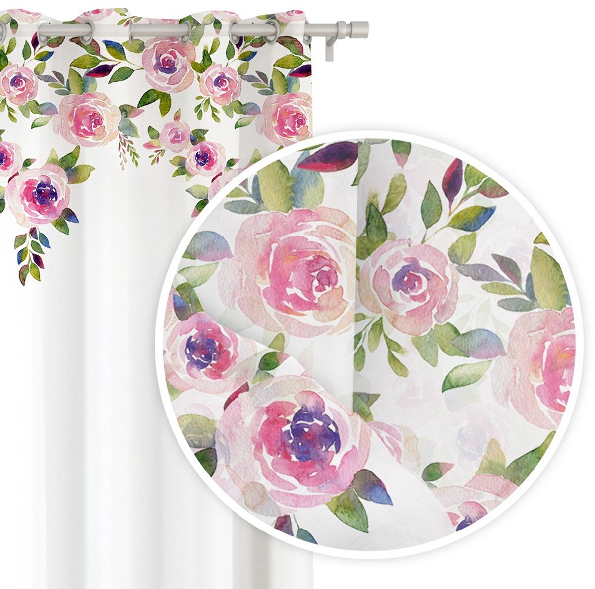 Spod Igły i Nitki Mansion - Gordijnen - 140x250 - Roze Bloemen - Witte Achtergrond - Met Ringen
