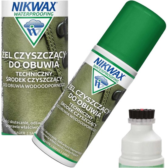 Groene Nikwax Waterproofing fles met "ŻEL CZYSZCZĄCY DO OBUWIA" erop, met afbeelding van schoenen.