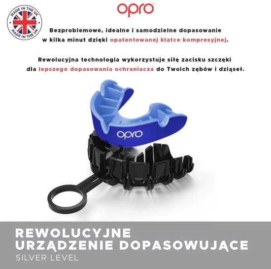 Opro Silver Level mondbeschermer in blauw met een zwarte compressiekamer.