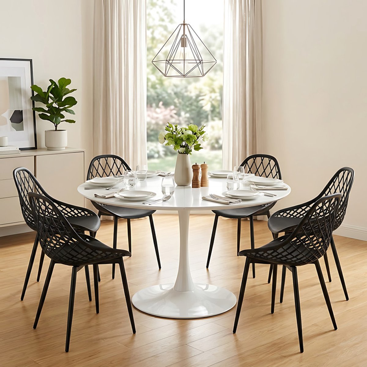 EGGREE eettafel en stoelen - 6 zwarte eetkamerstoelen - tafel Ø 120 cm - voor bar - café en restaurant Wit-M6BK