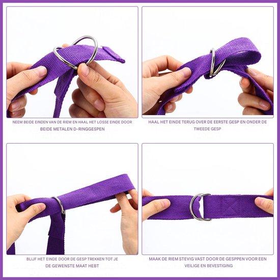 longziming-Yoga Riem - Yoga strap - Stretch Band - Pilates - 6 stuks - 2,4 meter - 3,8 cm breed - D-vormige metalen gesp - Antislip katoen-polyester - Zwart & paars - Voor flexibiliteit, rekken en yogahoudingen - Paars — afbeelding 2