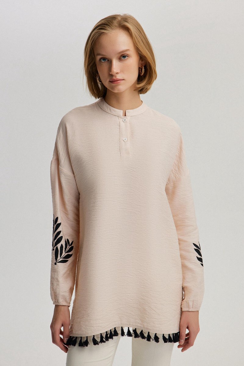 Touché Privé - Blouse met bladprint en kwastjes - Crème - Dames