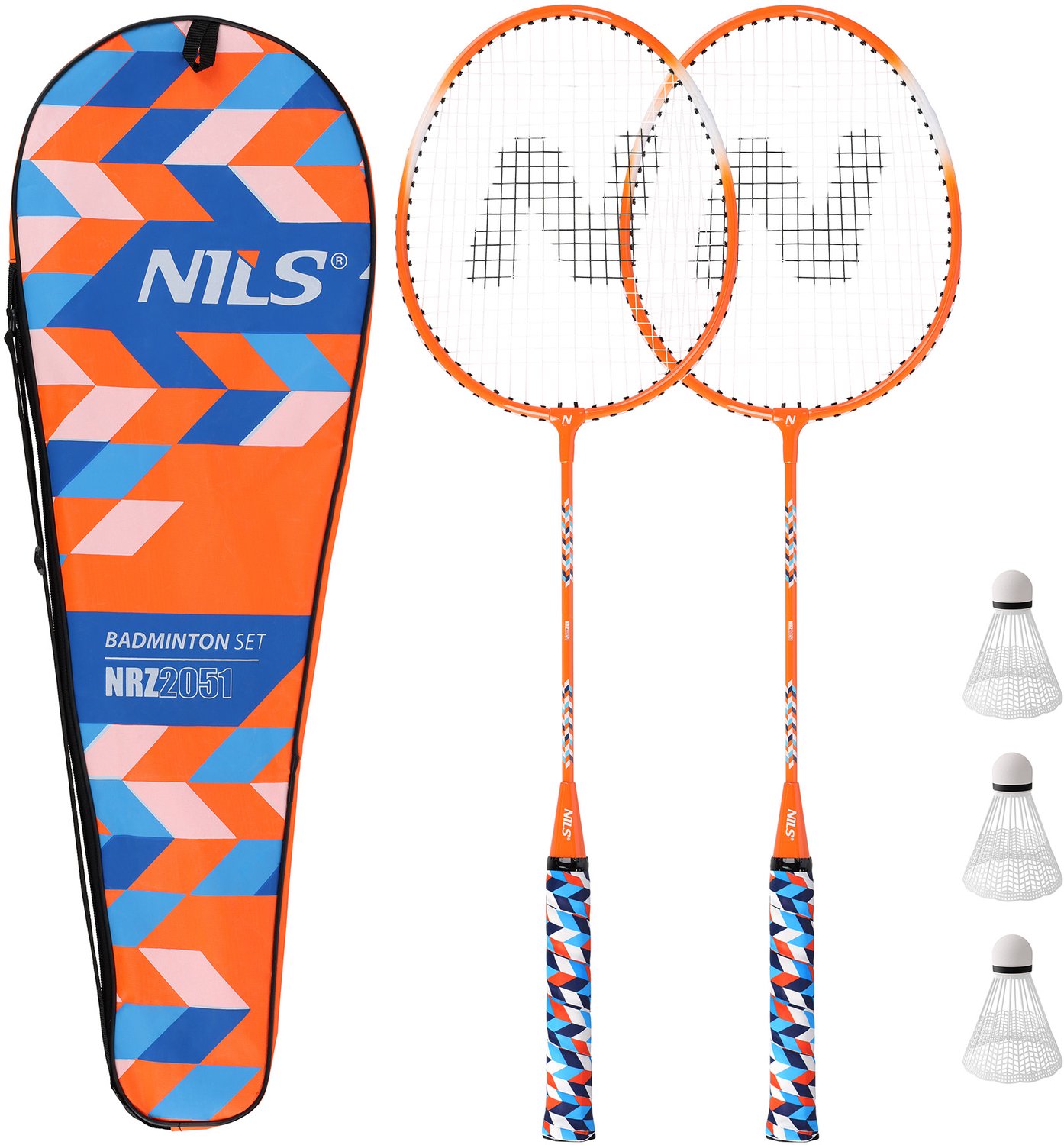 Nils Badmintonset: 2 aluminium rackets, 3 shuttles, hoes