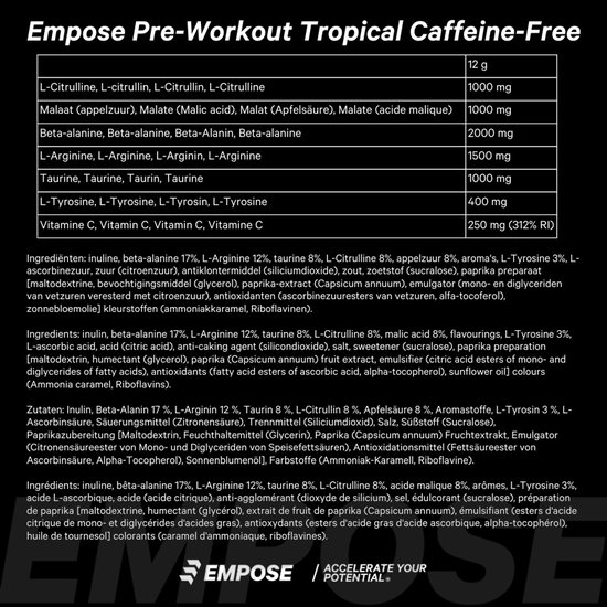 Ingrediëntenlijst met voedingswaarden voor "Empose Pre-Workout Tropical Caffeine-Free".
