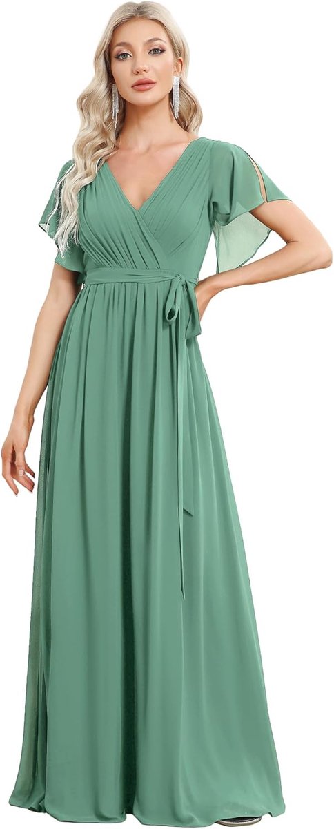 Dames Jurk - Avondjurk Bruiloft - Feestelijk Gelegenheid - Chique A-lijn Model - Korte Mouwen - Gepoft Chiffon