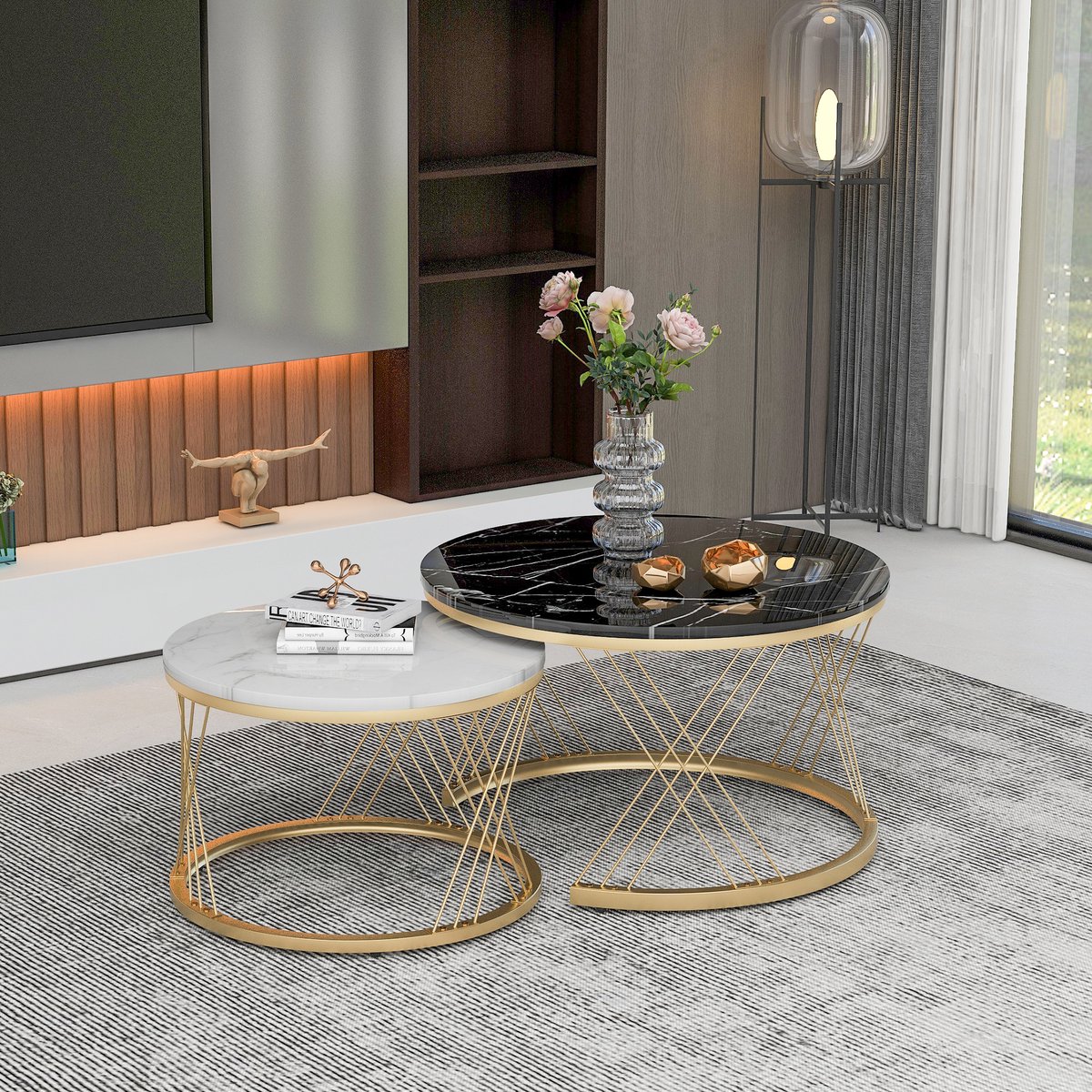 Clruro Salontafel Set - Rond (Set van 2) - Moderne Nesting Marmerlook - Luxe Frame - Metaal - Goud