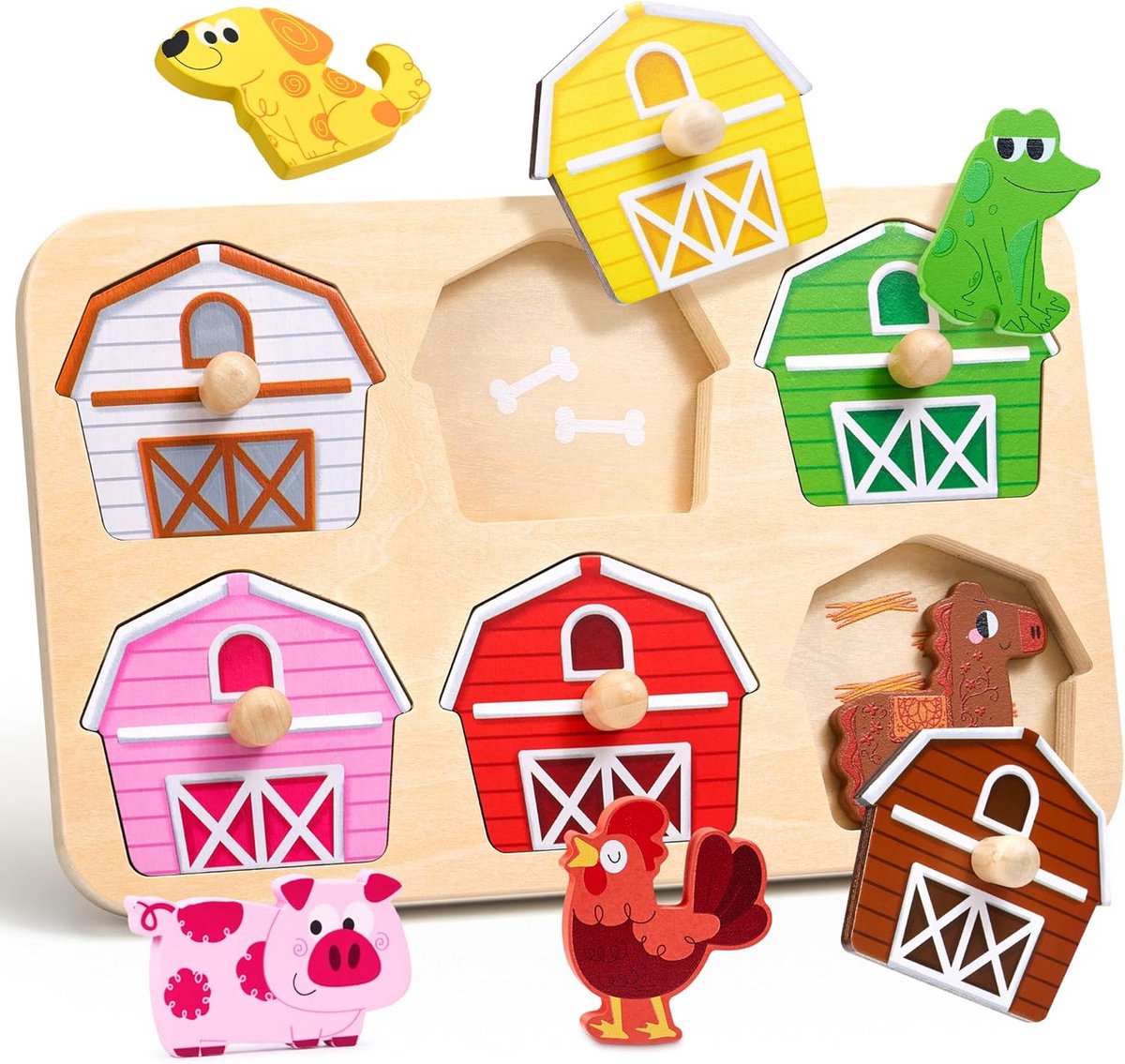 Houten Puzzels met Noppen voor Peuters (1-3 jaar) - 6 Stuks Dieren Puzzelspel voor Vroege Educatie en Motorische Ontwikkeling