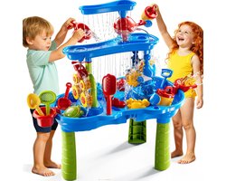 3-laags zand- en watertafel - voor kinderen van 3, 4, 5, 6, 7 en 8 jaar - Sensorische speeltafel met waterwaterval - inclusief strandspeelgoed en accessoires - Speelset voor buiten voor peuters - Verjaardagscadeau