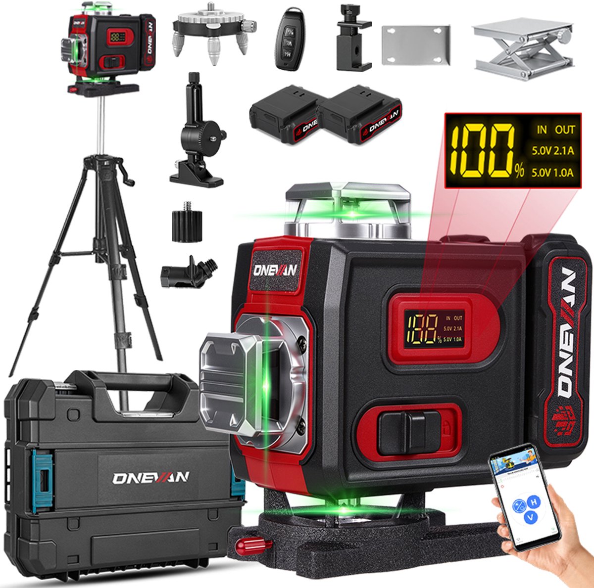 ONEVAN 4D Kruislijnlaser + Statief - met 2x 4.8Ah accu's - Zelfnivellerend Bouwlaser - laser zelfnivellerend - Bluetooth APP - afstandsbediening - IP54
