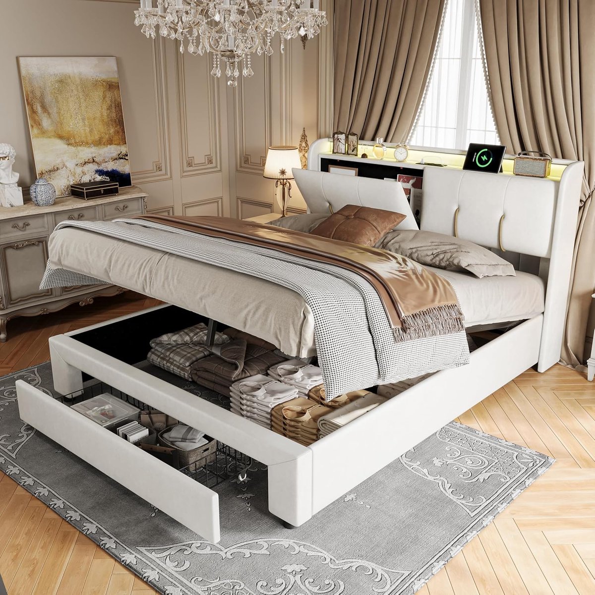 Bed met opbergfunctie 160 x 200 cm - LED-verlichting en USB-poort