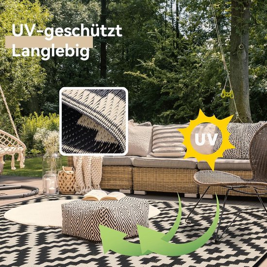 Outdoor Tapijt - Buitenkleed Terras - Verfraai Buitenruimte - Weerbestendig UV-bestendig - 270 x 360 cm - Zwart Beige — afbeelding 4