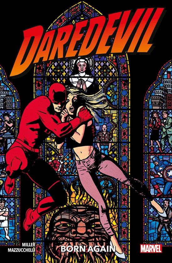 Daredevil en een vrouw in paniek, voor een kerkraam met Bijbelse taferelen. 'Daredevil Born Again' staat bovenaan.