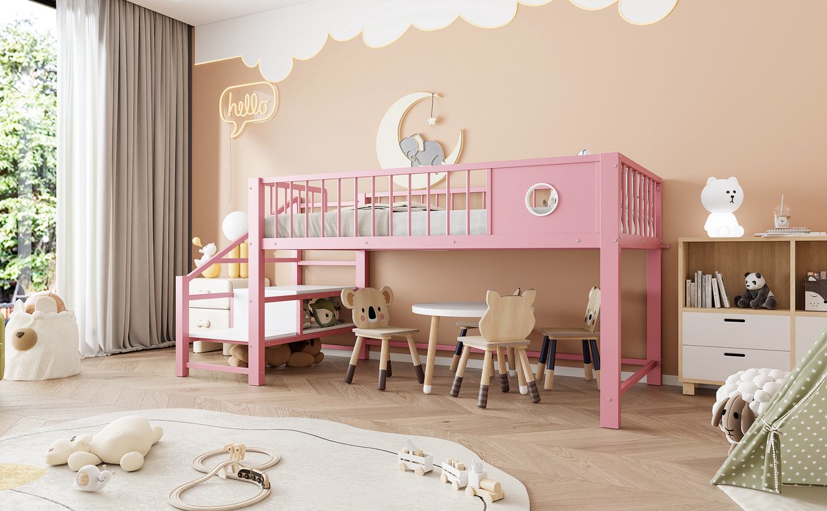 Zubaliya Metalen Hoogslaper 90x200 cm Roze Met Opbergruimte